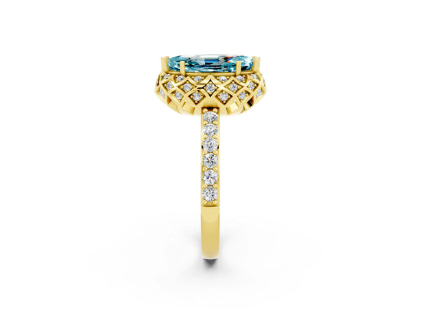 Yellow gold Marquise Cut Blue Topaz Scalloped Halo Engagement Ring with Round Shared Prong Band