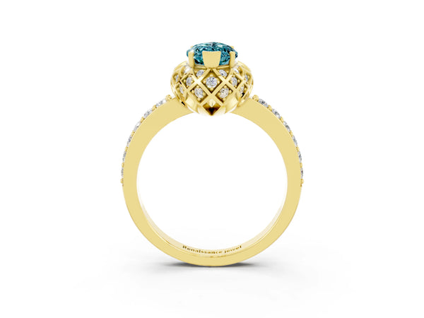 Yellow gold Marquise Cut Blue Topaz Scalloped Halo Engagement Ring with Round Shared Prong Band