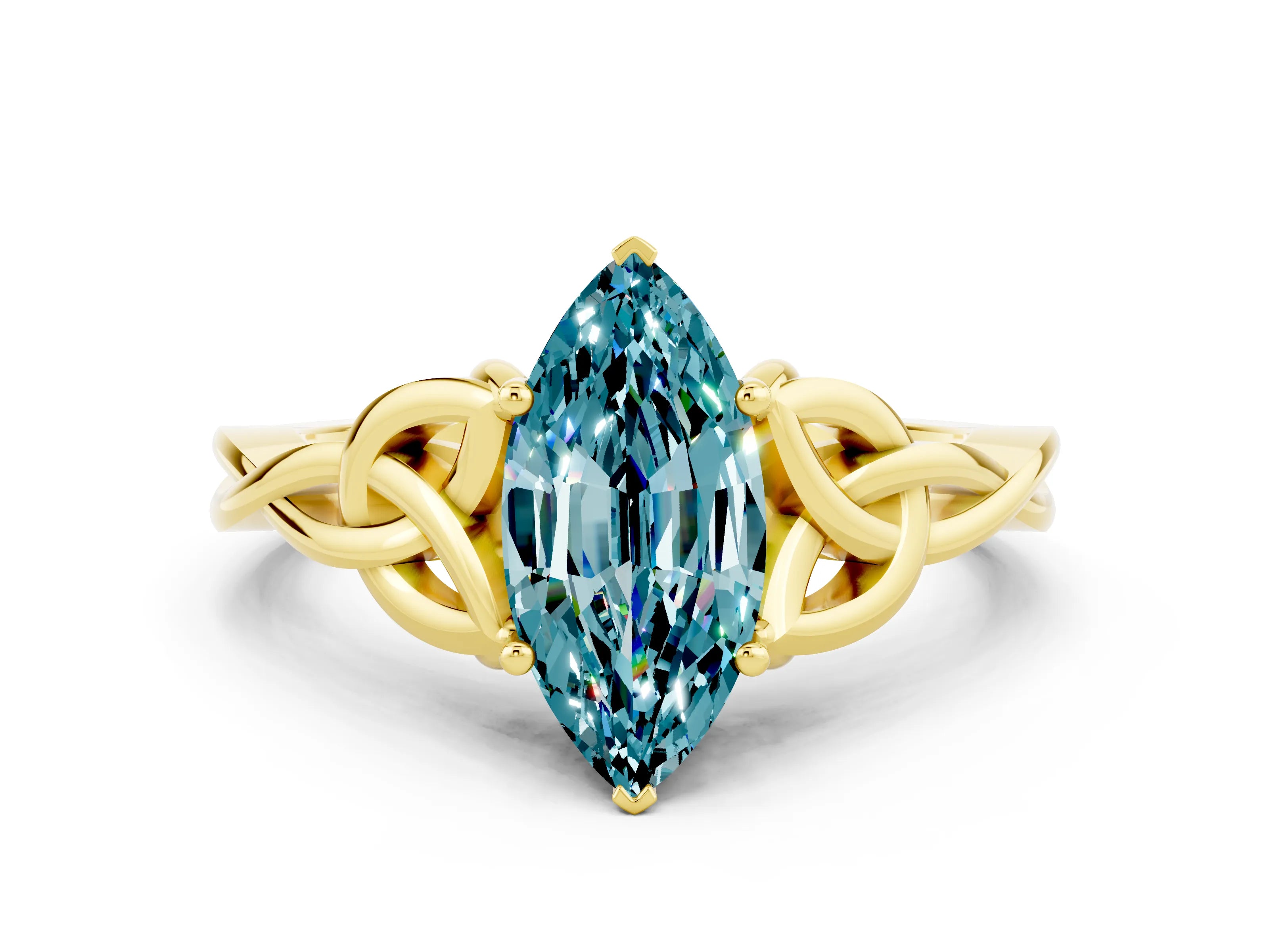 Yellow gold Marquise Cut Blue Topaz Solitaire Engagement Ring with Celtic Knot Band and Four-Prong Setting