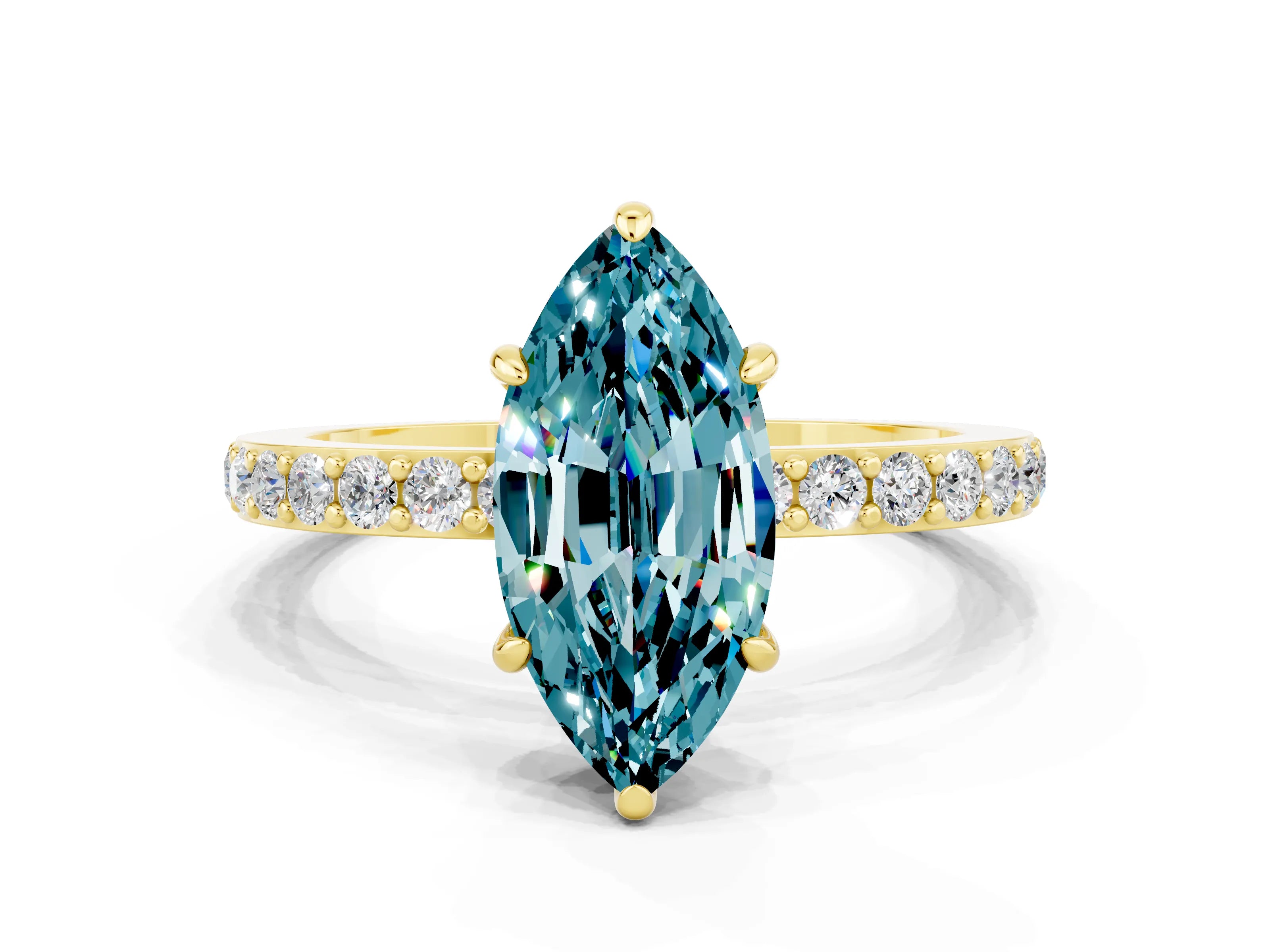 Yellow gold Marquise Cut Blue Topaz Solitaire Engagement Ring with Pavé Band and Four-Prong Setting