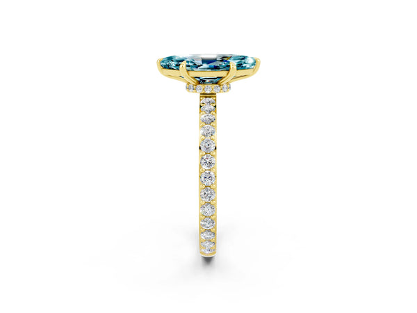 Yellow gold Marquise Cut Blue Topaz Solitaire Engagement Ring with Pavé Band and Four-Prong Setting