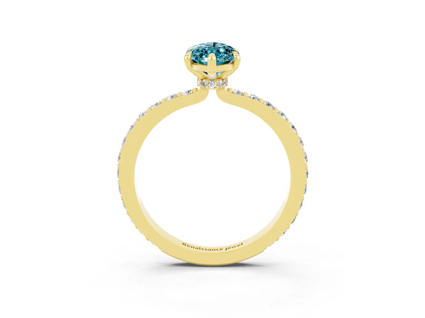 Yellow gold Marquise Cut Blue Topaz Solitaire Engagement Ring with Pavé Band and Four-Prong Setting