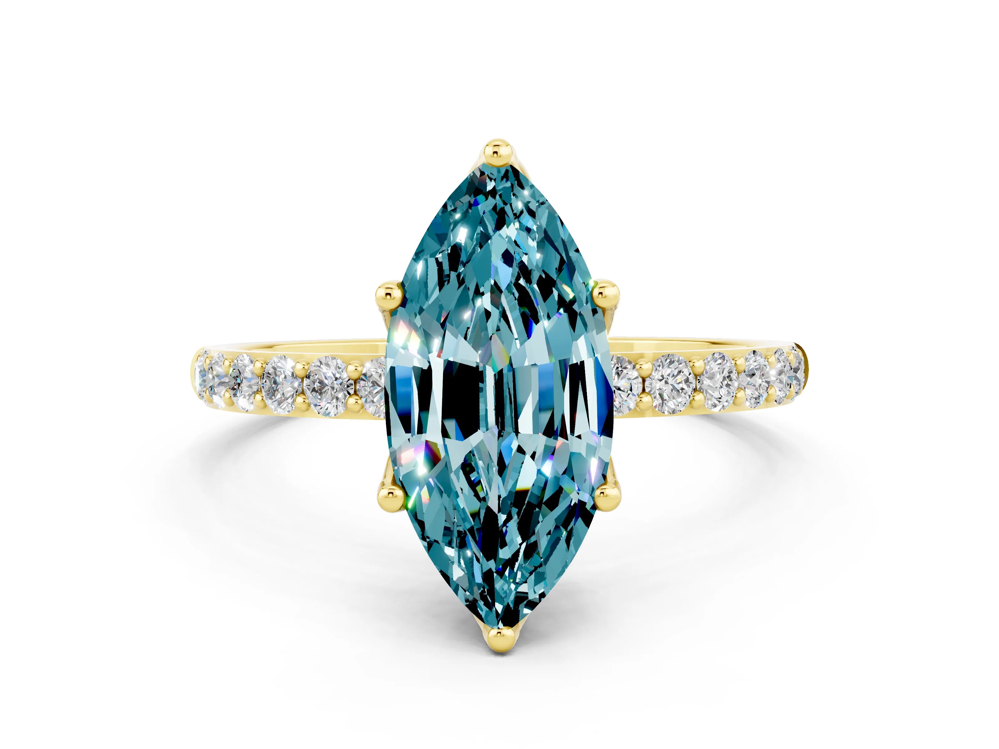 Yellow gold Marquise Cut Blue Topaz Solitaire Engagement Ring with Pavé Band and Prong Setting