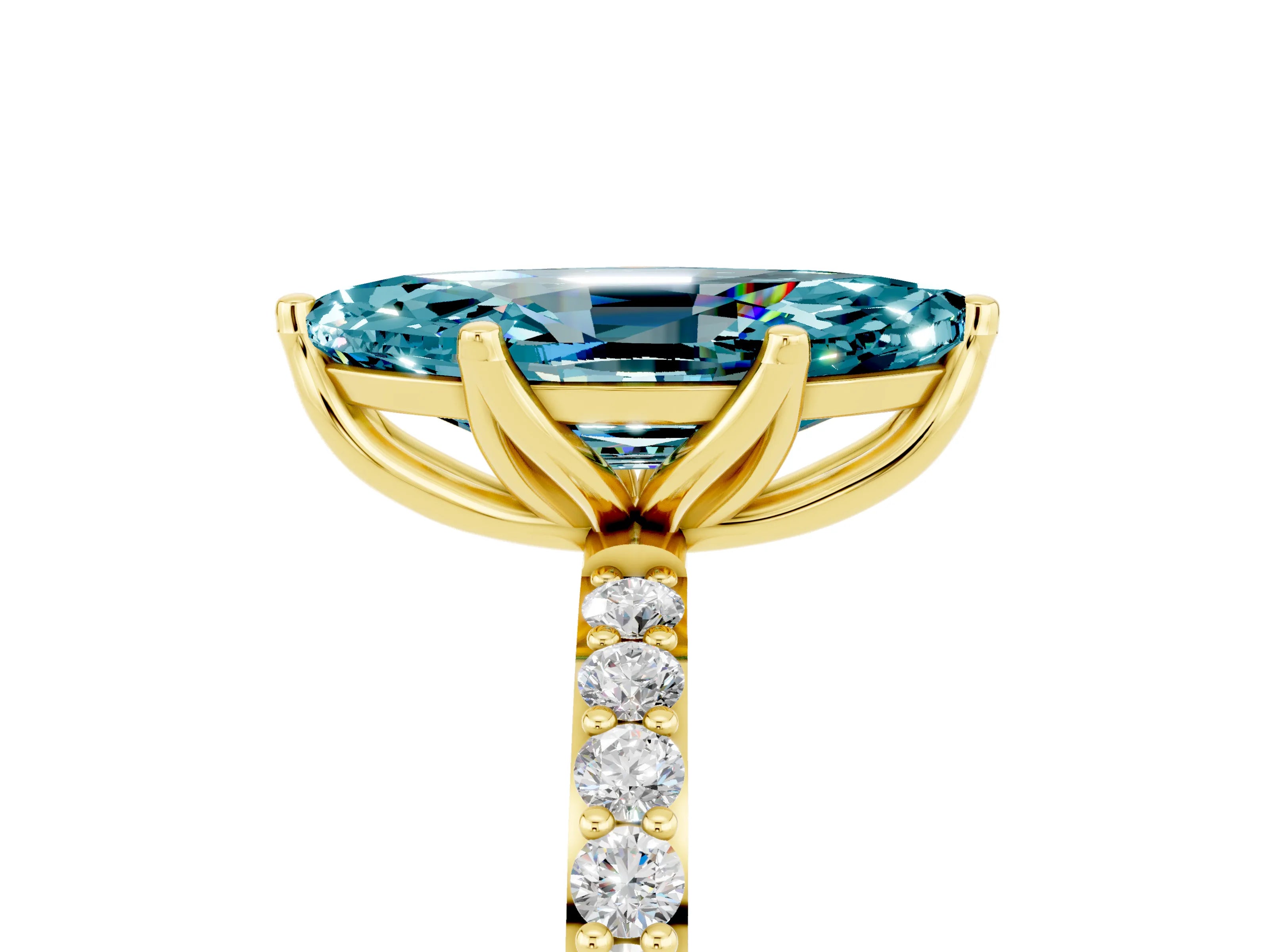 Yellow gold Marquise Cut Blue Topaz Solitaire Engagement Ring with Pavé Band and Prong Setting_5