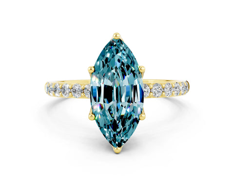 Yellow gold Marquise Cut Blue Topaz Solitaire Engagement Ring with Pavé Band and Prong Setting
