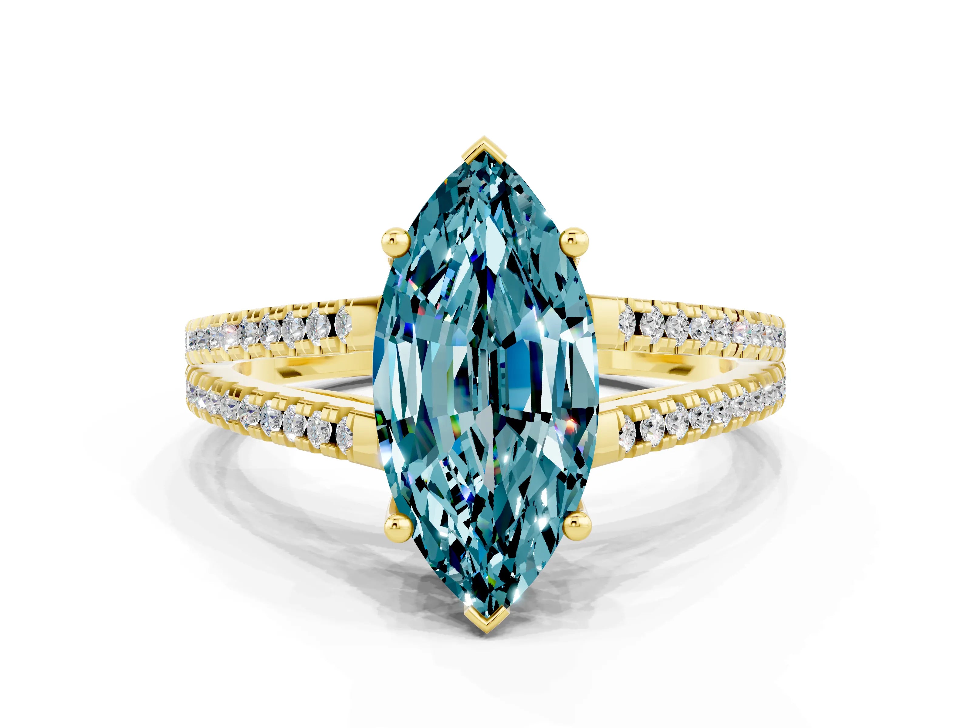Yellow gold Marquise Cut Blue Topaz Solitaire Engagement Ring with Split Shank Pavé Band