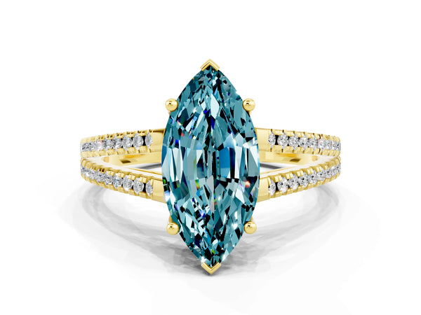 Yellow gold Marquise Cut Blue Topaz Solitaire Engagement Ring with Split Shank Pavé Band