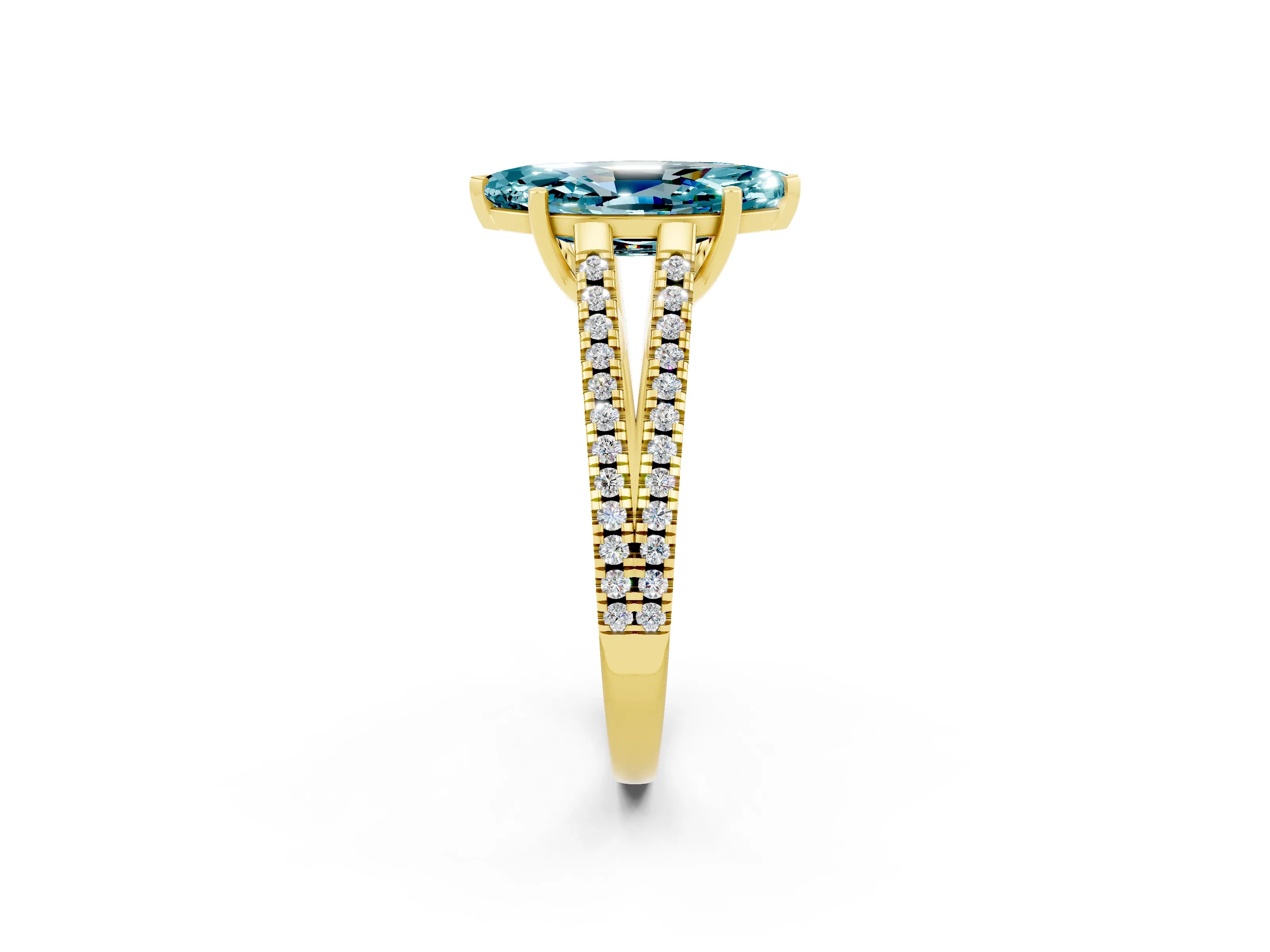 Yellow gold Marquise Cut Blue Topaz Solitaire Engagement Ring with Split Shank Pavé Band_2