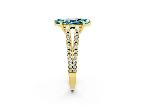 Yellow gold Marquise Cut Blue Topaz Solitaire Engagement Ring with Split Shank Pavé Band