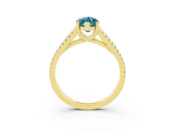 Yellow gold Marquise Cut Blue Topaz Solitaire Engagement Ring with Split Shank Pavé Band