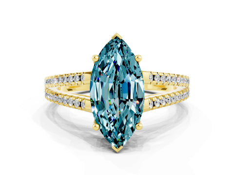 Yellow gold Marquise Cut Blue Topaz Solitaire Engagement Ring with Split Shank Pavé Band