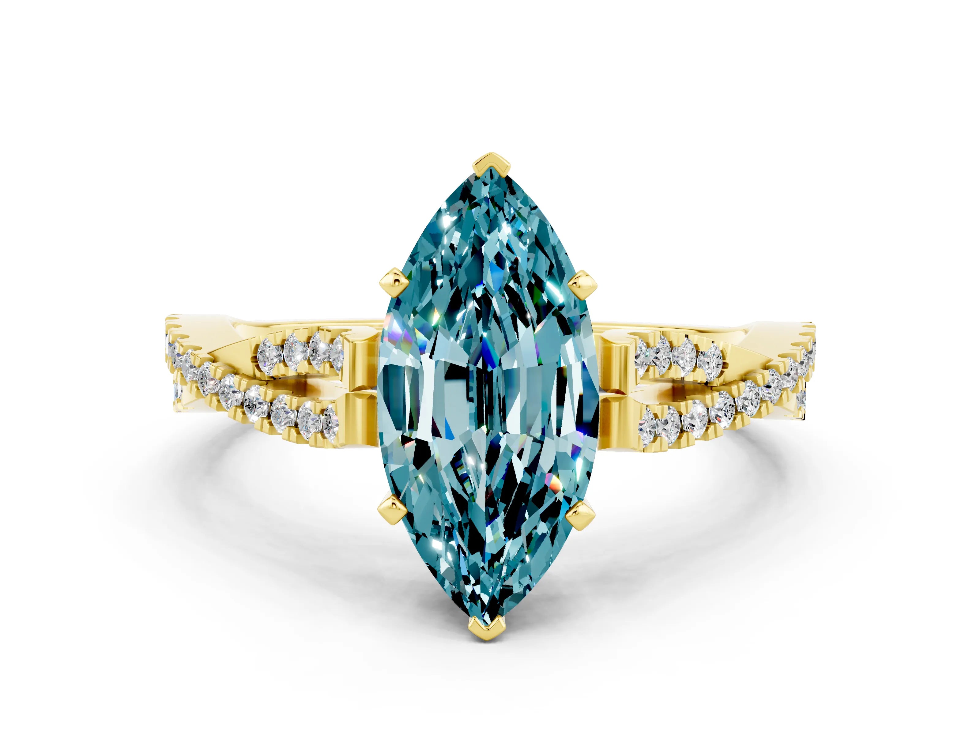 Yellow gold Marquise Cut Blue Topaz Solitaire Engagement Ring with Twisted Pavé Band and Four-Prong Setting