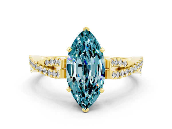 Yellow gold Marquise Cut Blue Topaz Solitaire Engagement Ring with Twisted Pavé Band and Four-Prong Setting
