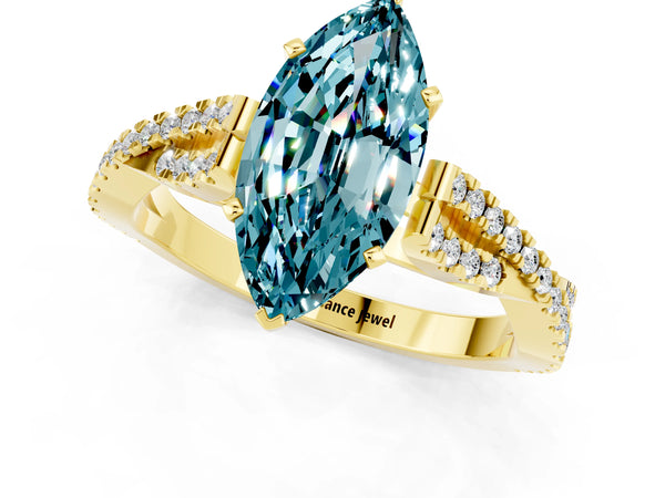 Yellow gold Marquise Cut Blue Topaz Solitaire Engagement Ring with Twisted Pavé Band and Four-Prong Setting