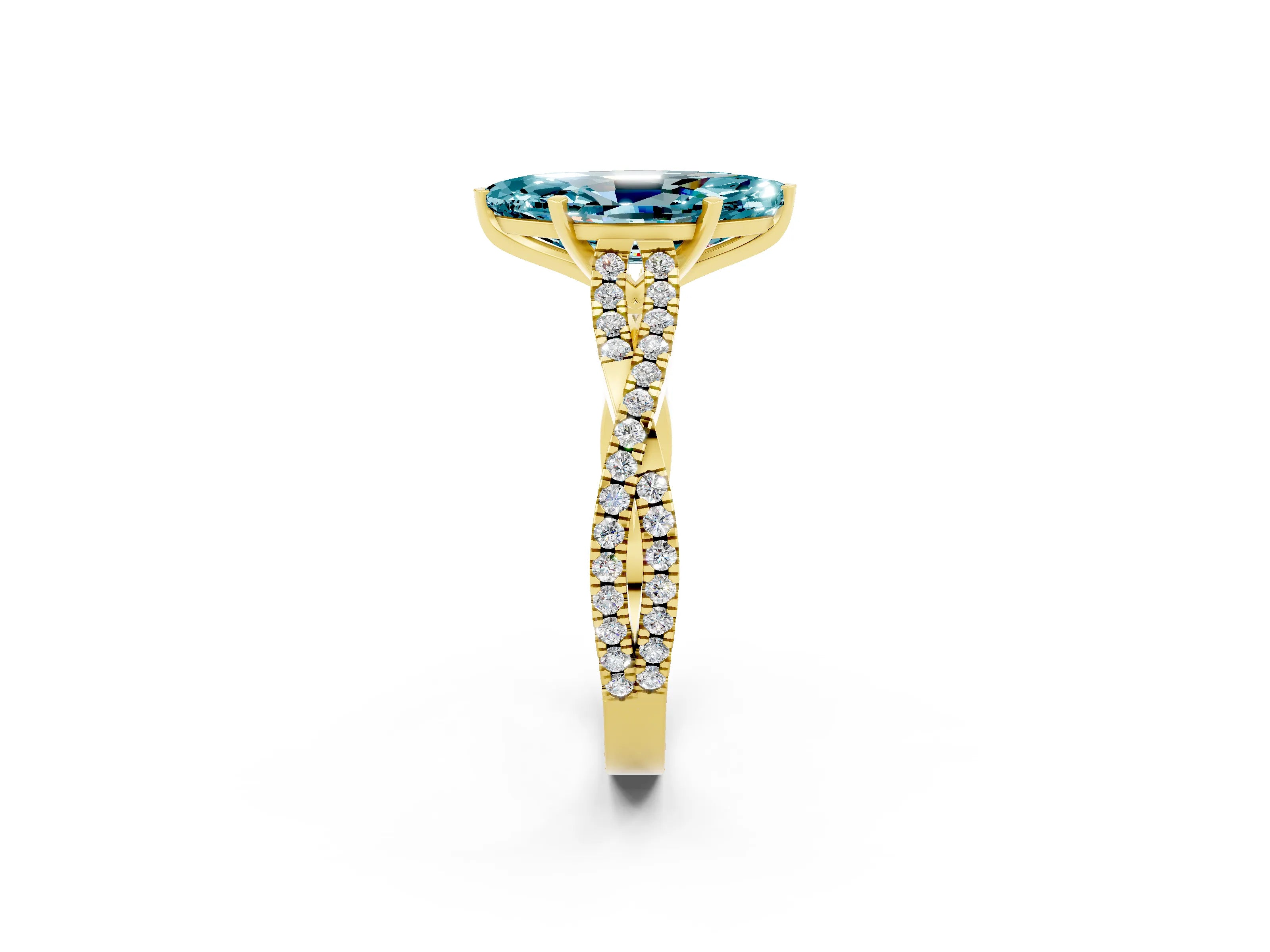 Yellow gold Marquise Cut Blue Topaz Solitaire Engagement Ring with Twisted Pavé Band and Four-Prong Setting_2