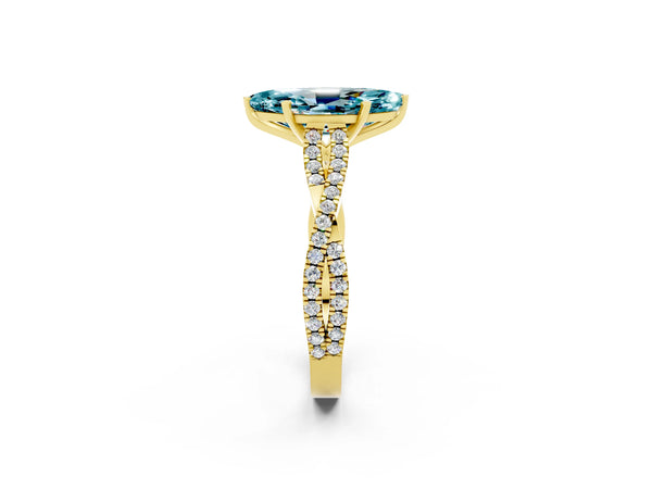 Yellow gold Marquise Cut Blue Topaz Solitaire Engagement Ring with Twisted Pavé Band and Four-Prong Setting
