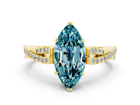 Yellow gold Marquise Cut Blue Topaz Solitaire Engagement Ring with Twisted Pavé Band and Four-Prong Setting