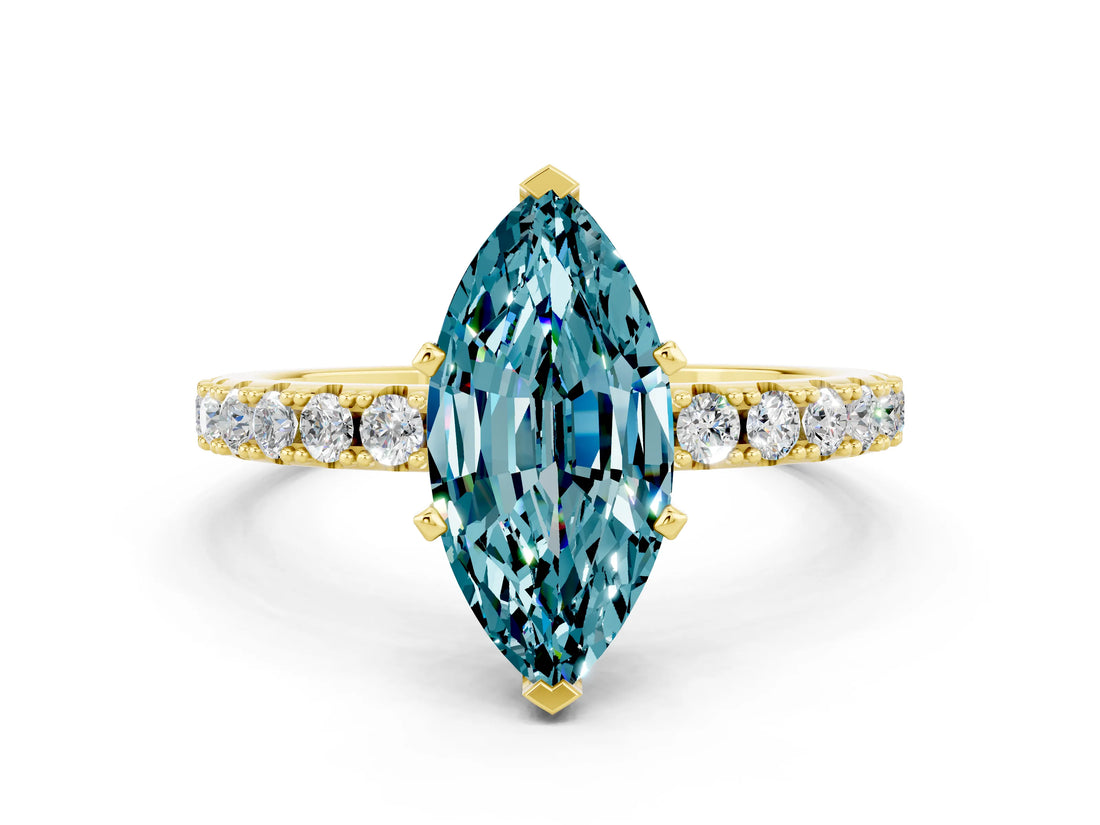 Yellow gold Marquise Cut Blue Topaz Solitaire Pavé Band with Four-Prong Setting