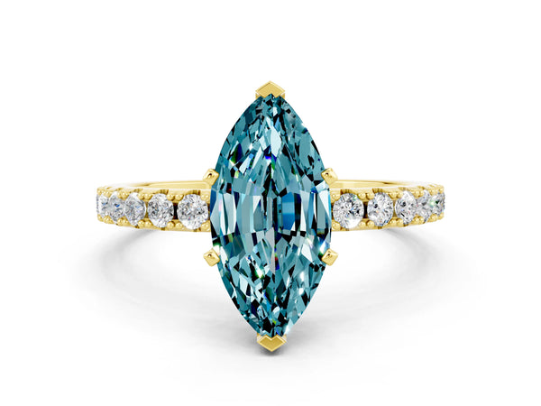 Yellow gold Marquise Cut Blue Topaz Solitaire Pavé Band with Four-Prong Setting