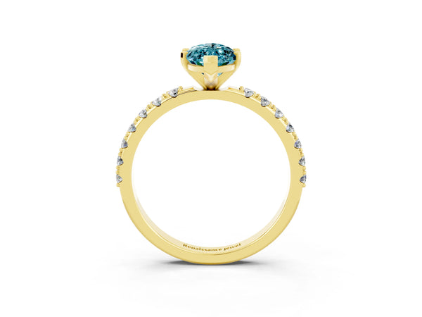 Yellow gold Marquise Cut Blue Topaz Solitaire Pavé Band with Four-Prong Setting