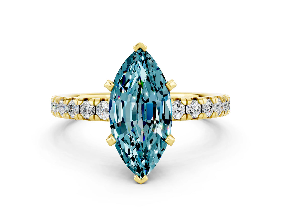 Yellow gold Marquise Cut Blue Topaz Solitaire Pavé Engagement Ring with Round Band and Prong Setting_66