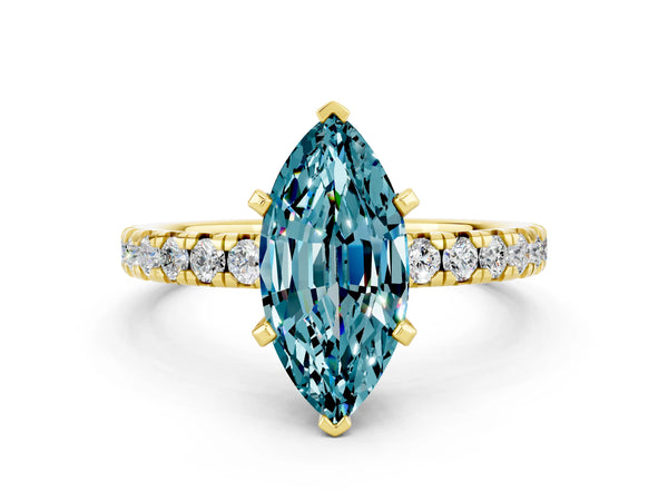 Yellow gold Marquise Cut Blue Topaz Solitaire Pavé Engagement Ring with Round Band and Prong Setting