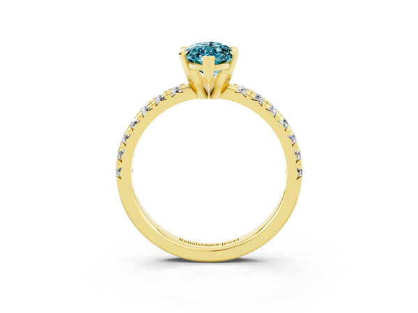 Yellow gold Marquise Cut Blue Topaz Solitaire Pavé Engagement Ring with Round Band and Prong Setting