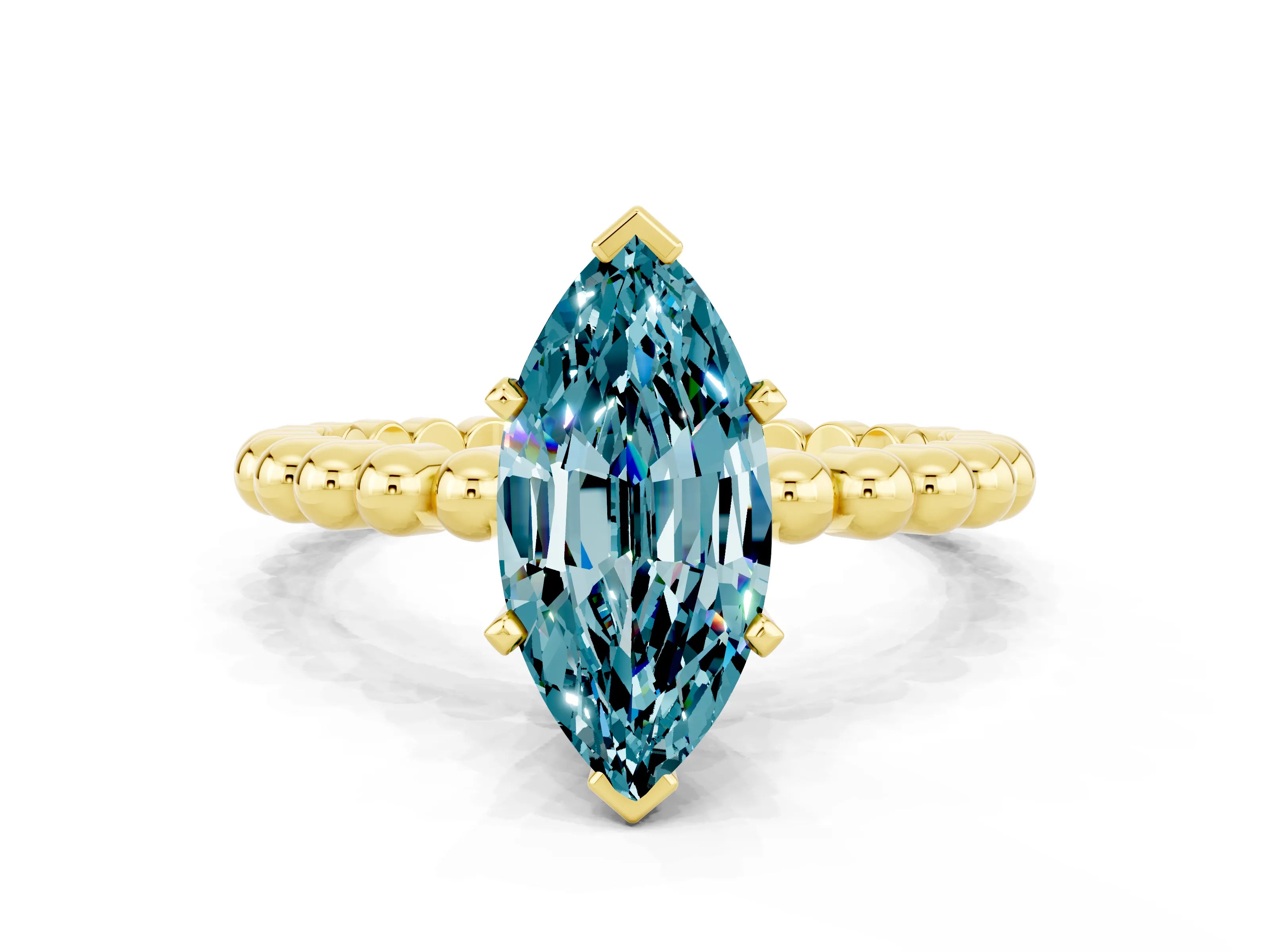 Yellow gold Marquise Cut Blue Topaz Solitaire Ring with Beaded Band and Prong Setting