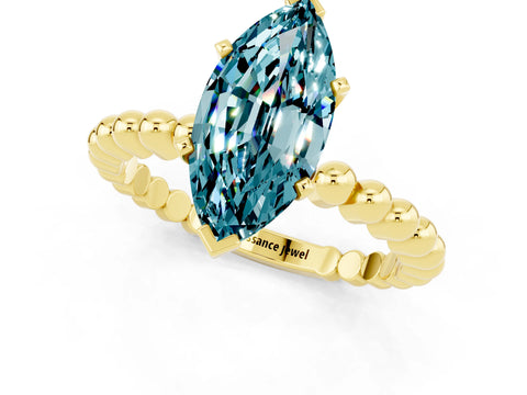 Yellow gold Marquise Cut Blue Topaz Solitaire Ring with Beaded Band and Prong Setting_1