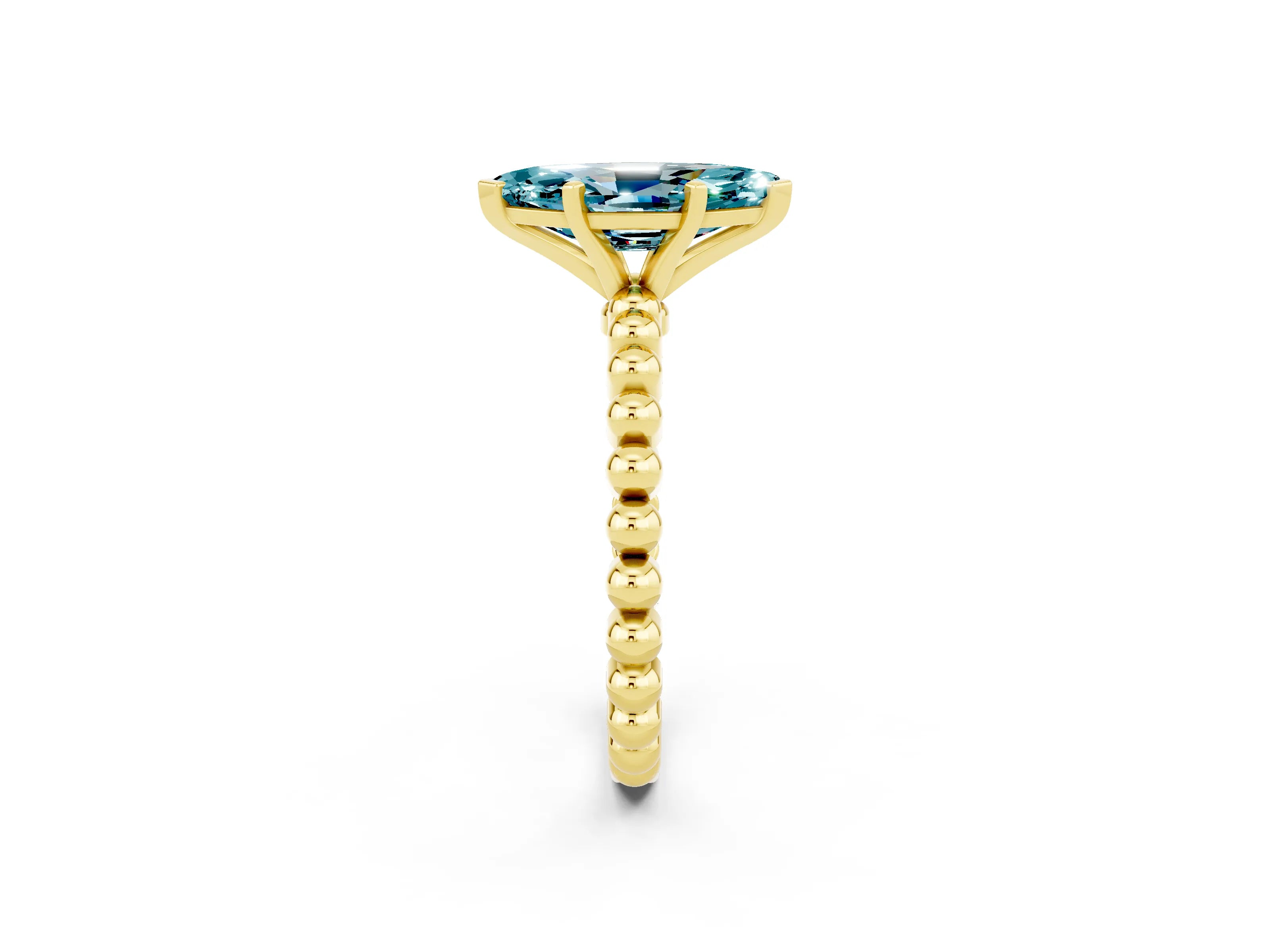 Yellow gold Marquise Cut Blue Topaz Solitaire Ring with Beaded Band and Prong Setting_2