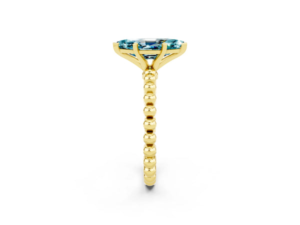 Yellow gold Marquise Cut Blue Topaz Solitaire Ring with Beaded Band and Prong Setting
