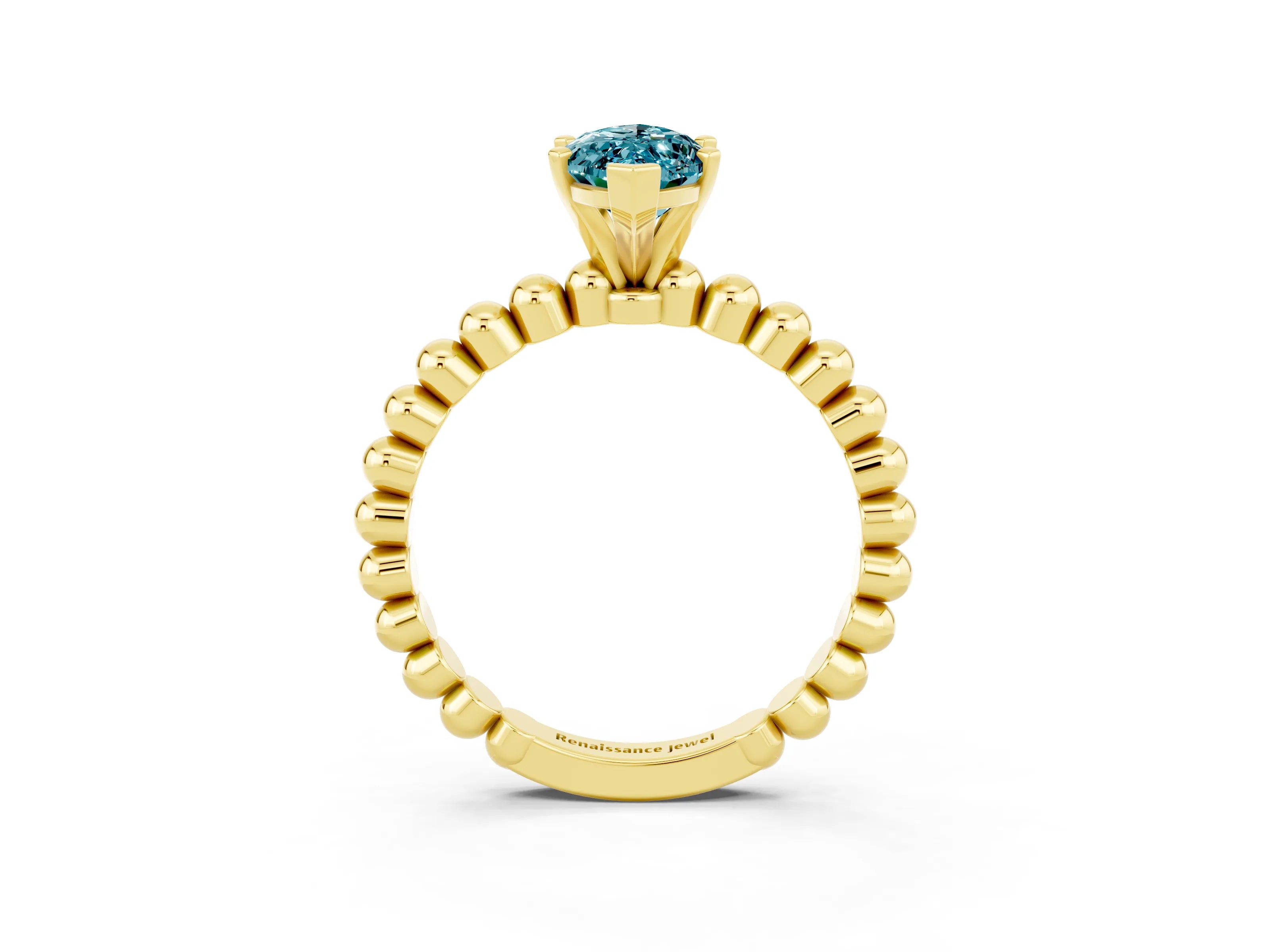 Yellow gold Marquise Cut Blue Topaz Solitaire Ring with Beaded Band and Prong Setting_3