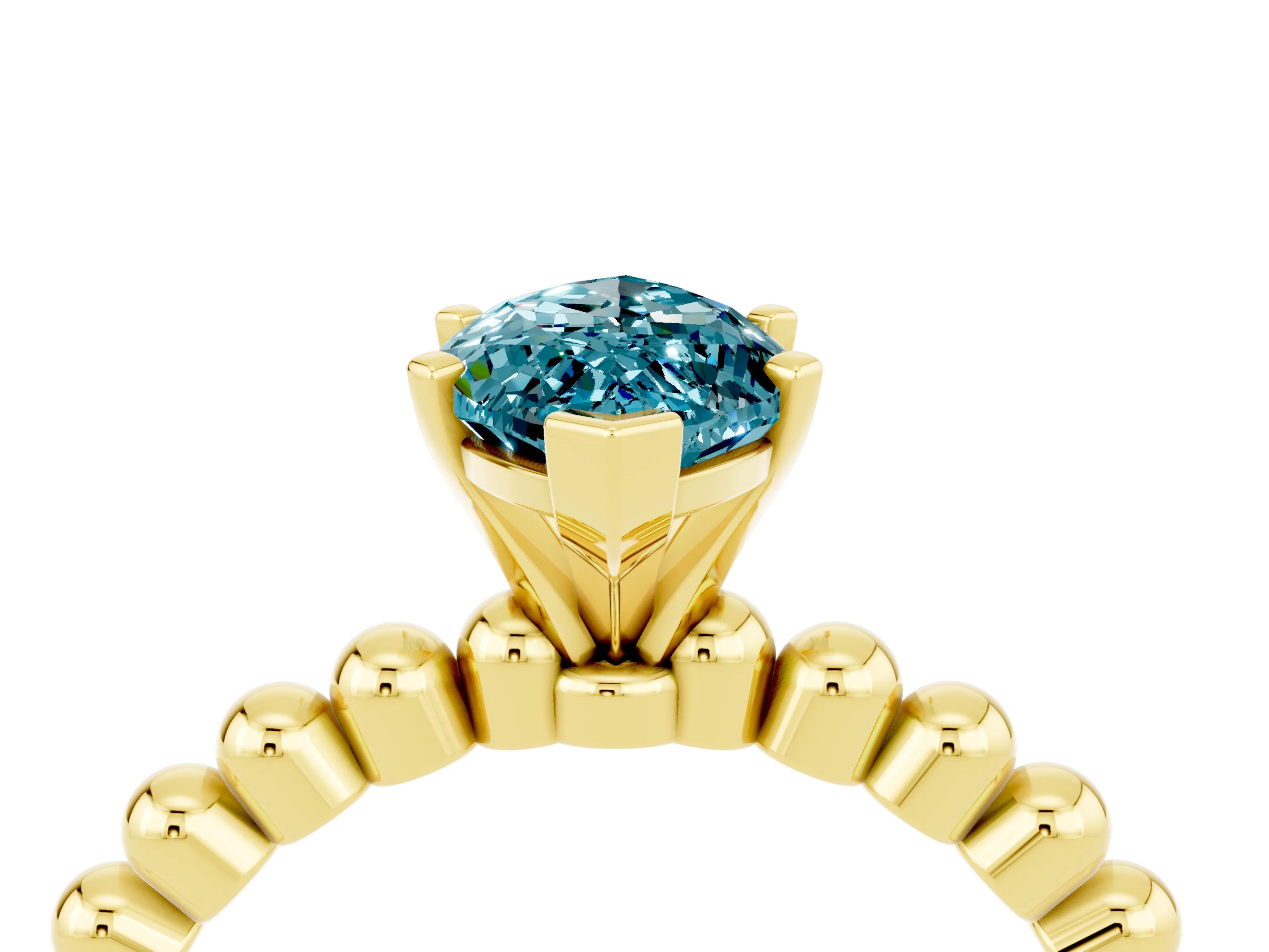 Yellow gold Marquise Cut Blue Topaz Solitaire Ring with Beaded Band and Prong Setting_4