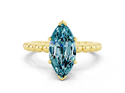 Yellow gold Marquise Cut Blue Topaz Solitaire Ring with Beaded Band and Prong Setting
