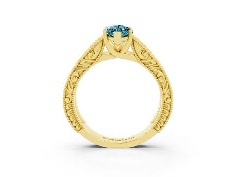 Yellow gold Marquise Cut Blue Topaz Solitaire Ring with Engraved Band and Four-Prong Setting_3