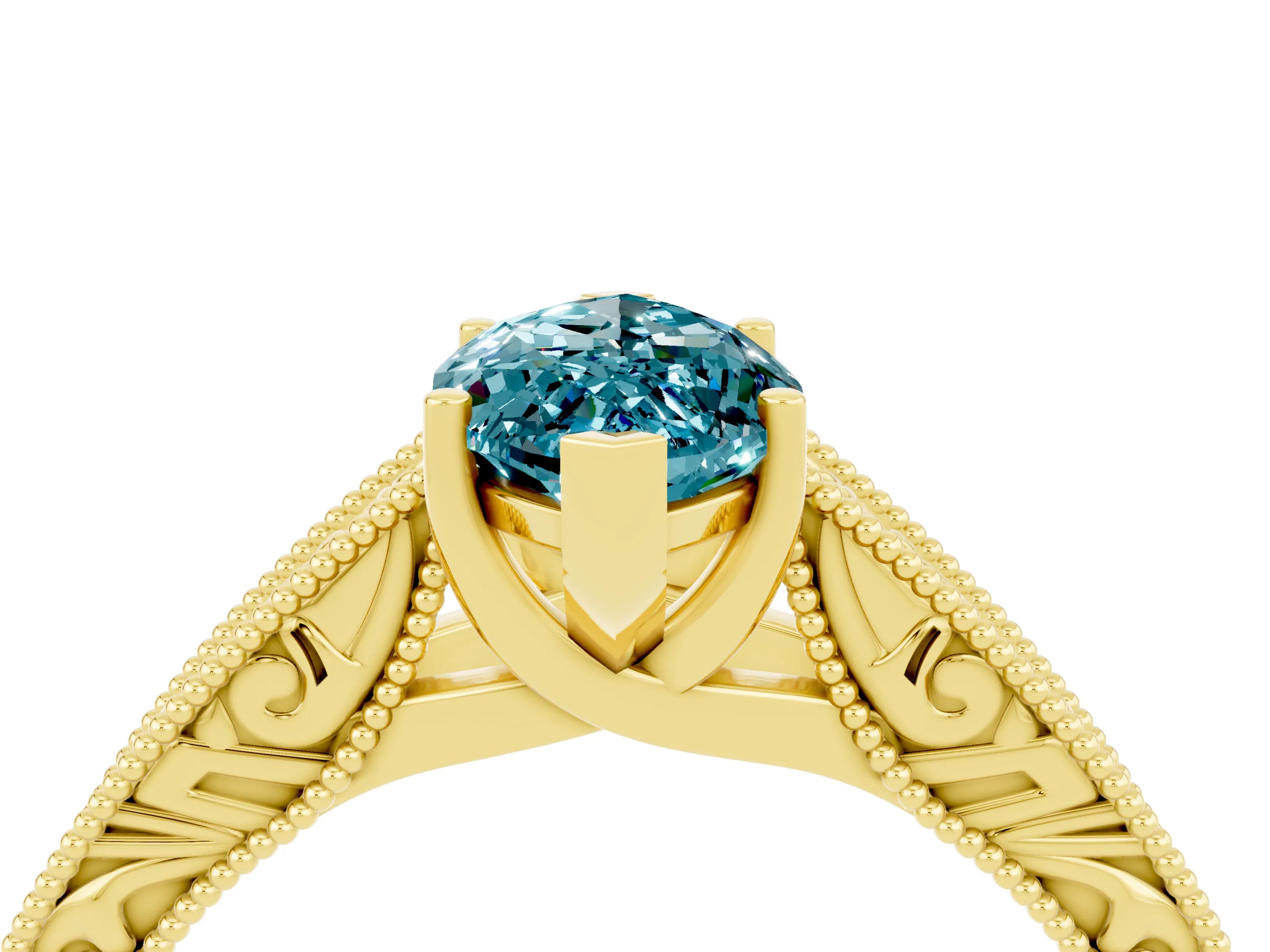 Yellow gold Marquise Cut Blue Topaz Solitaire Ring with Engraved Band and Four-Prong Setting_4