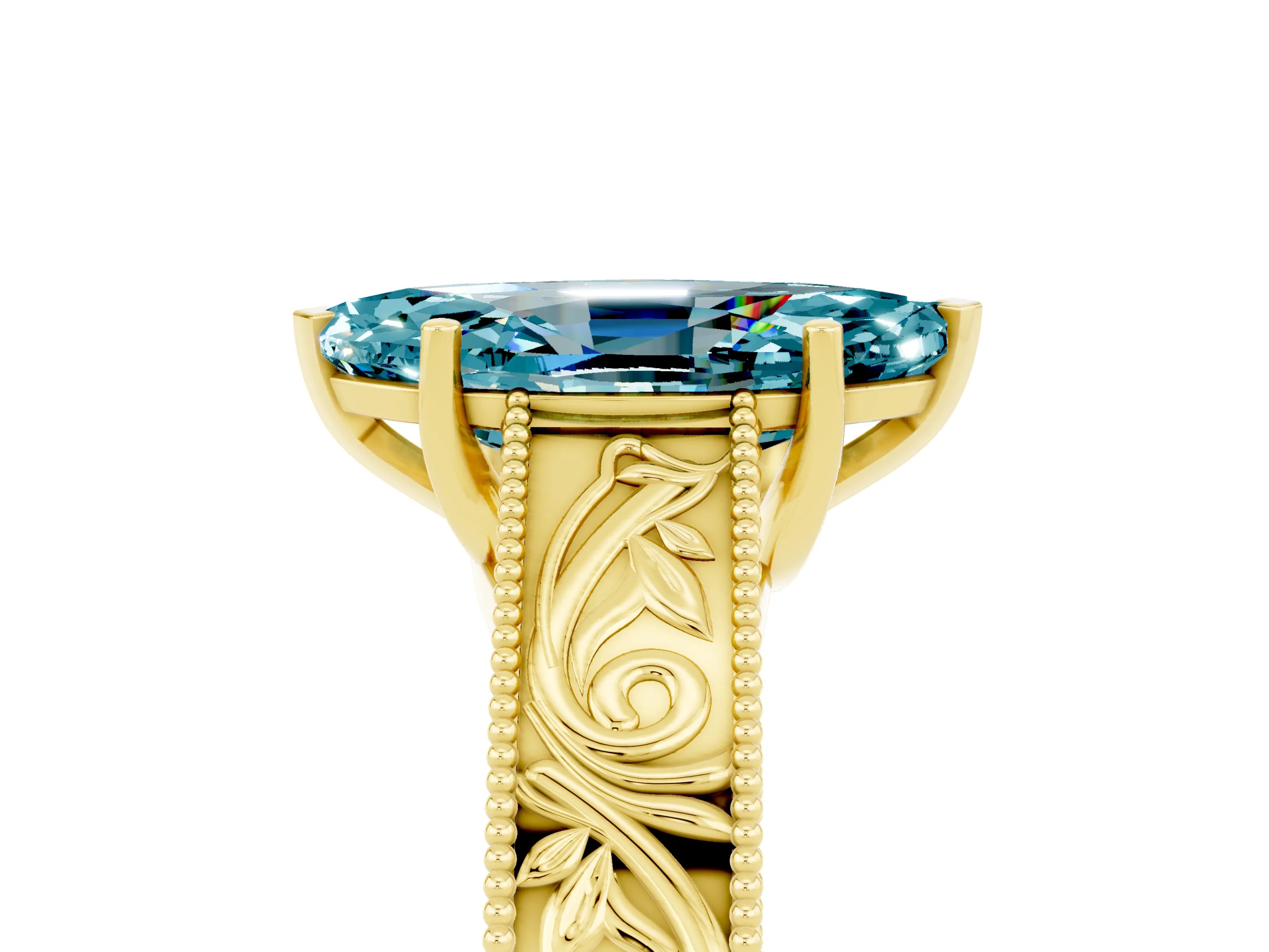 Yellow gold Marquise Cut Blue Topaz Solitaire Ring with Engraved Band and Four-Prong Setting_5