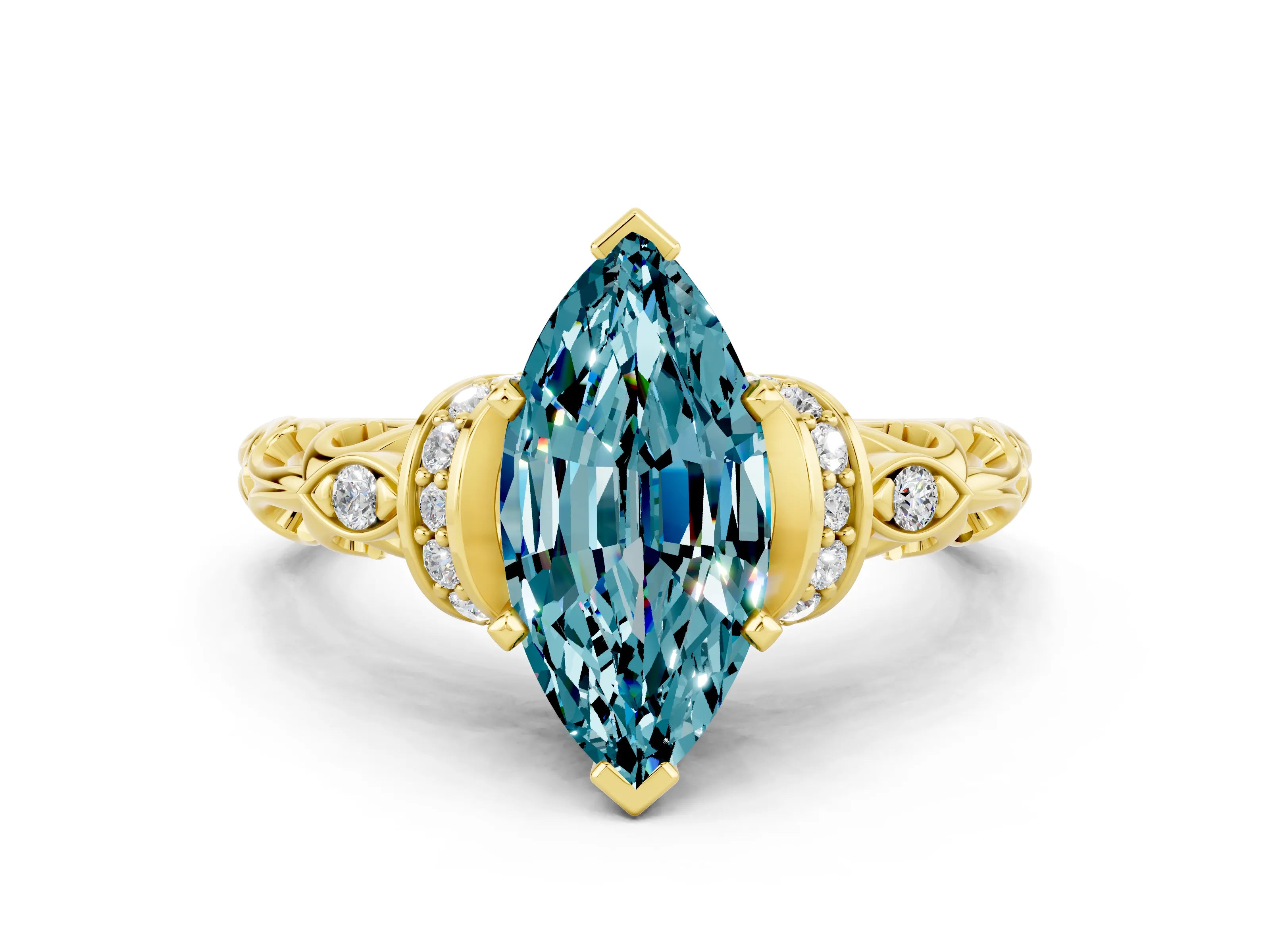 Yellow gold Marquise Cut Blue Topaz Solitaire Ring with Filigree Band and Four-Prong Setting_24