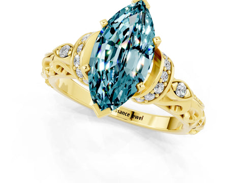 Yellow gold Marquise Cut Blue Topaz Solitaire Ring with Filigree Band and Four-Prong Setting_25