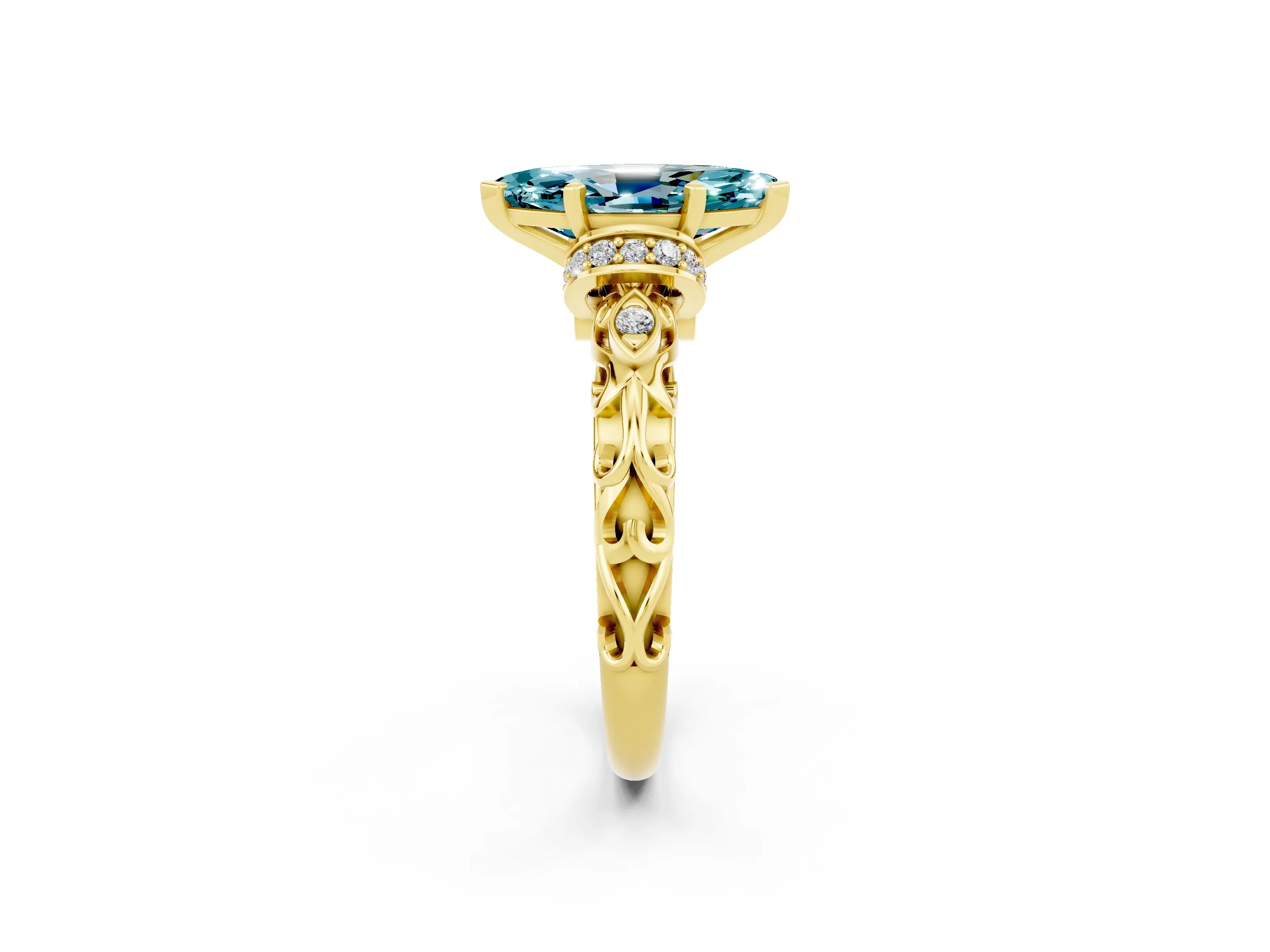 Yellow gold Marquise Cut Blue Topaz Solitaire Ring with Filigree Band and Four-Prong Setting_26