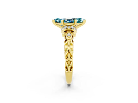 Yellow gold Marquise Cut Blue Topaz Solitaire Ring with Filigree Band and Four-Prong Setting_26
