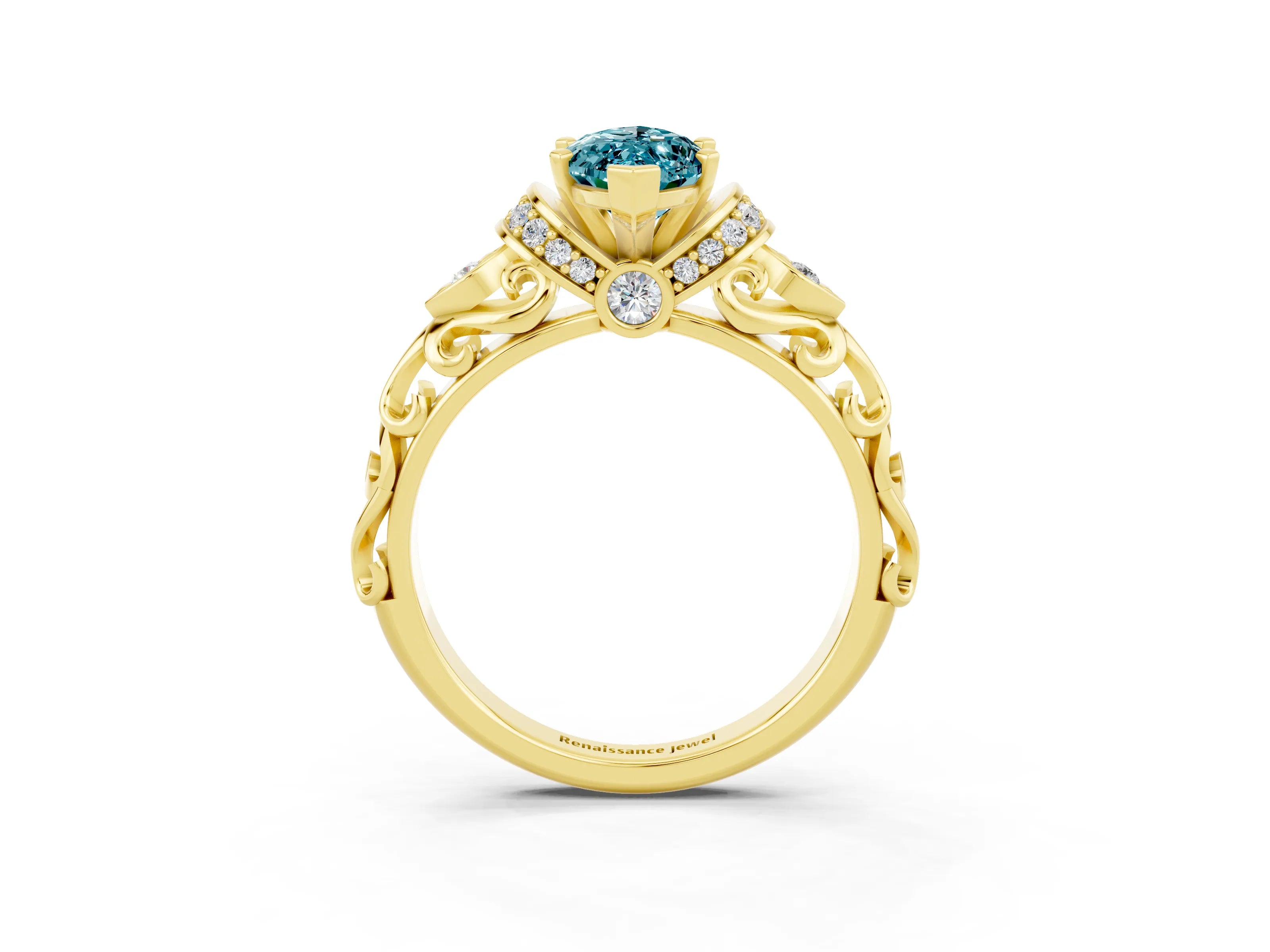 Yellow gold Marquise Cut Blue Topaz Solitaire Ring with Filigree Band and Four-Prong Setting_27