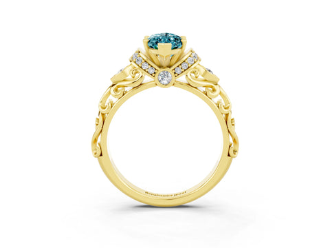 Yellow gold Marquise Cut Blue Topaz Solitaire Ring with Filigree Band and Four-Prong Setting_27