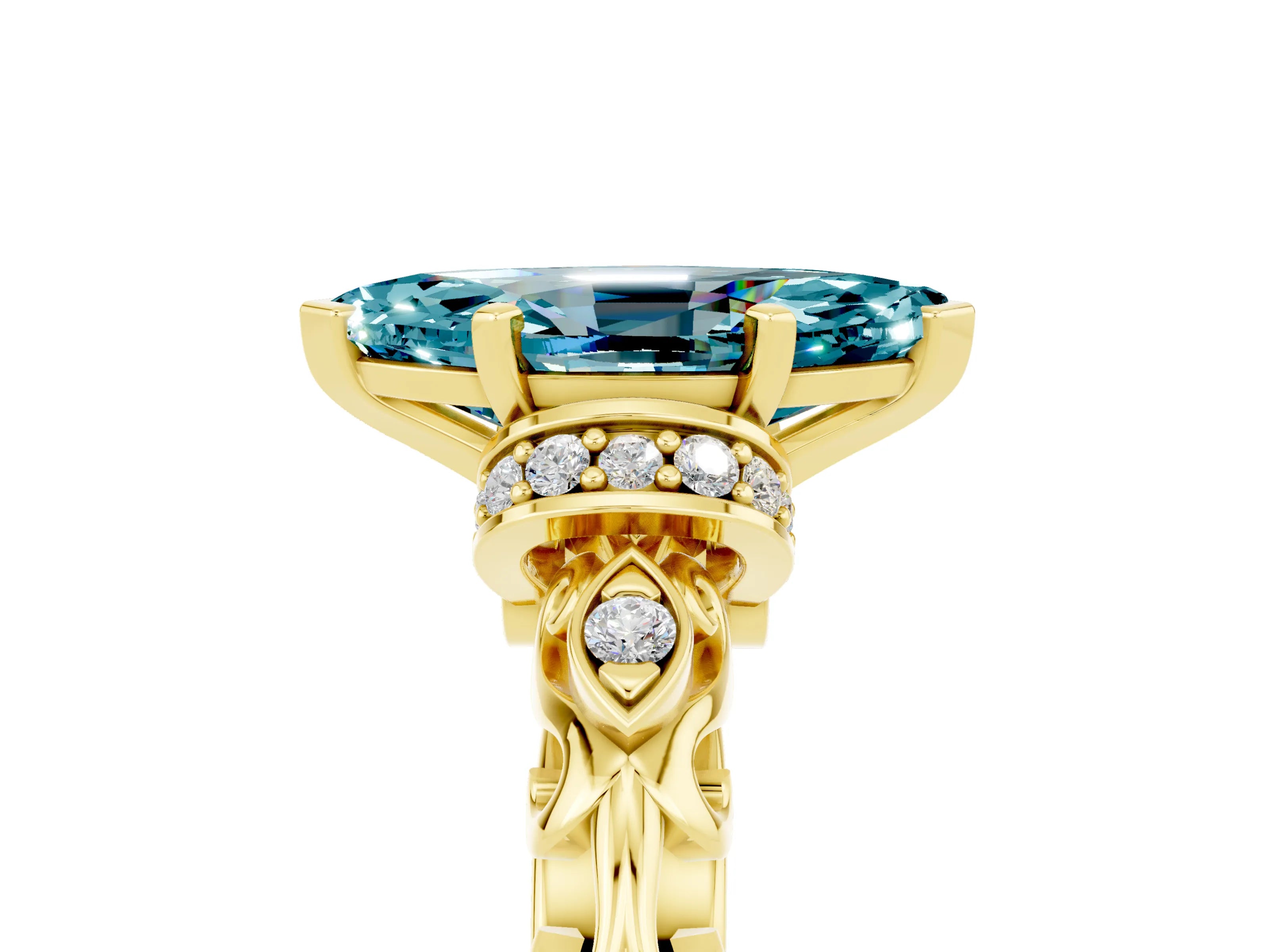 Yellow gold Marquise Cut Blue Topaz Solitaire Ring with Filigree Band and Four-Prong Setting_29