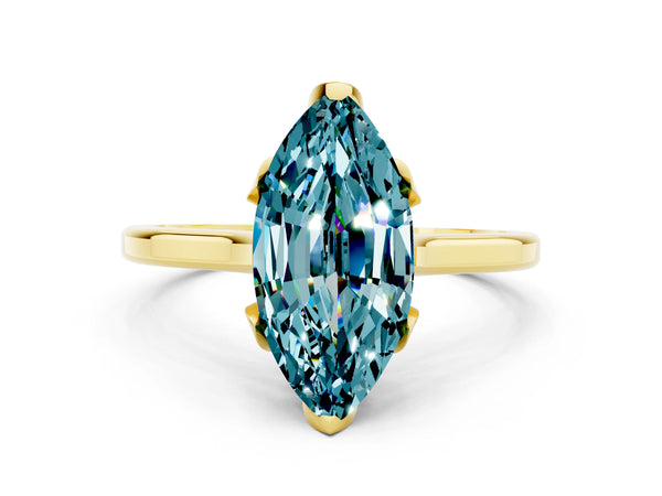 Yellow gold Marquise Cut Blue Topaz Solitaire Ring with Flower Prong Setting and Classic Band