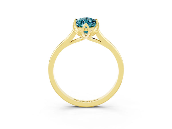 Yellow gold Marquise Cut Blue Topaz Solitaire Ring with Flower Prong Setting and Classic Band
