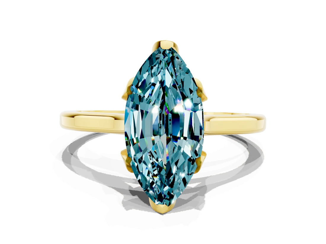 Yellow gold Marquise Cut Blue Topaz Solitaire Ring with Flower Prong Setting and Classic Band_36