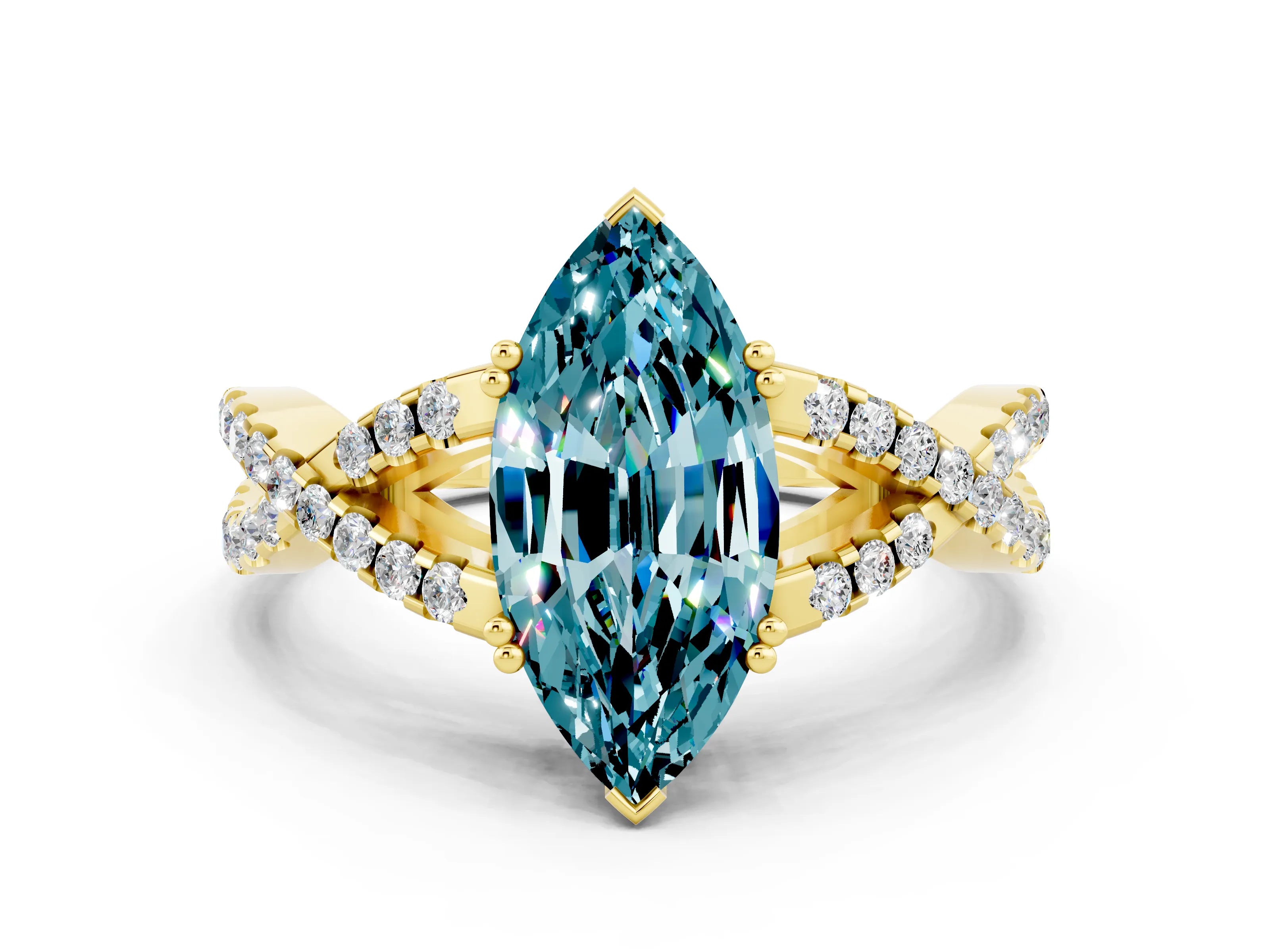Yellow gold Marquise Cut Blue Topaz Solitaire Ring with Four-Prong Setting and Twisted Pavé Band
