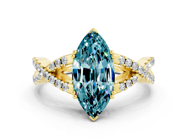 Yellow gold Marquise Cut Blue Topaz Solitaire Ring with Four-Prong Setting and Twisted Pavé Band