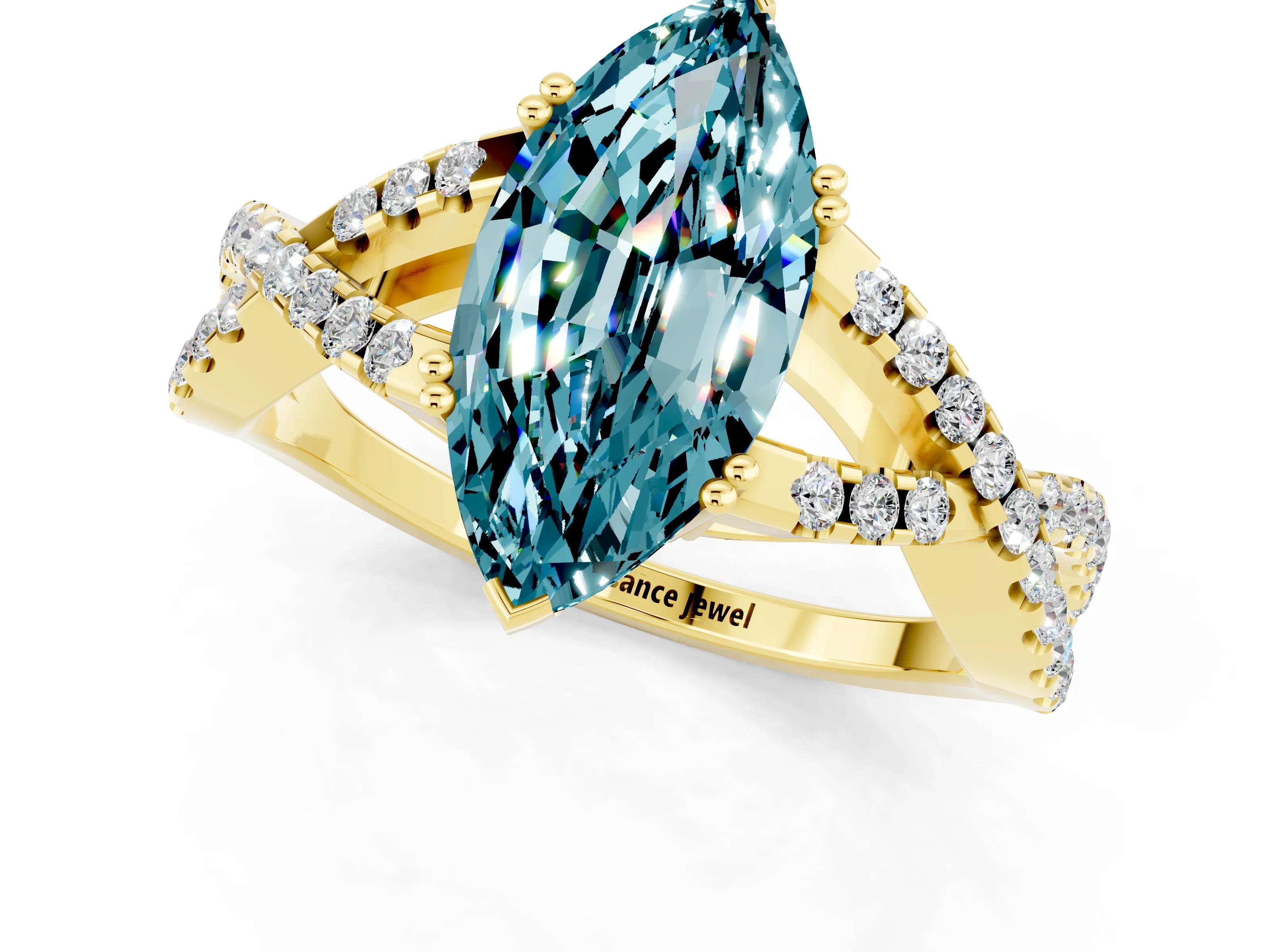 Yellow gold Marquise Cut Blue Topaz Solitaire Ring with Four-Prong Setting and Twisted Pavé Band_1